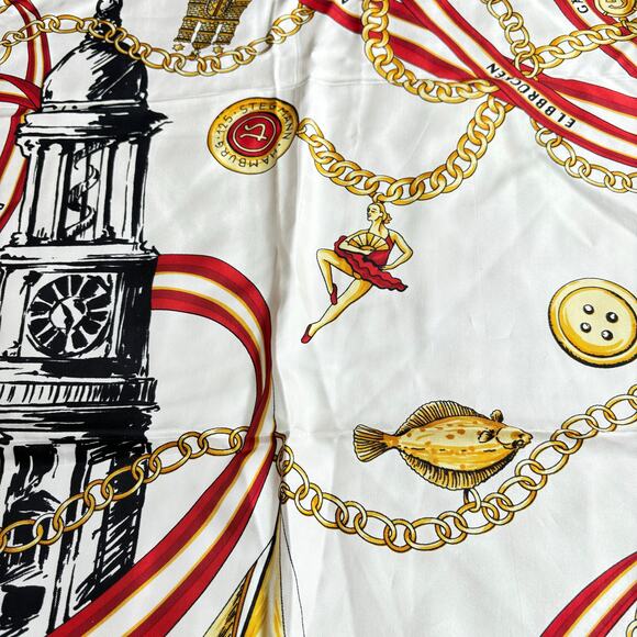 Silk scarf tourist souvenir red black white gold chain landmarks motif Europe - Picture 6 of 11